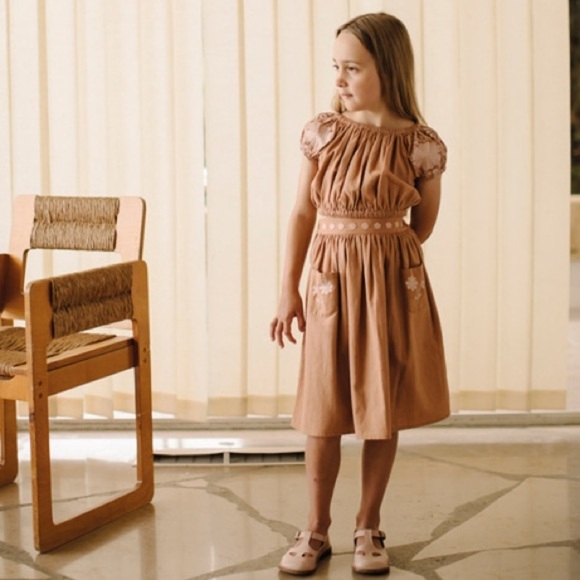 Apolina Girls Cotton Velma Cottagecore Embroidered Top and Skirt Set in Praline - Picture 1 of 13